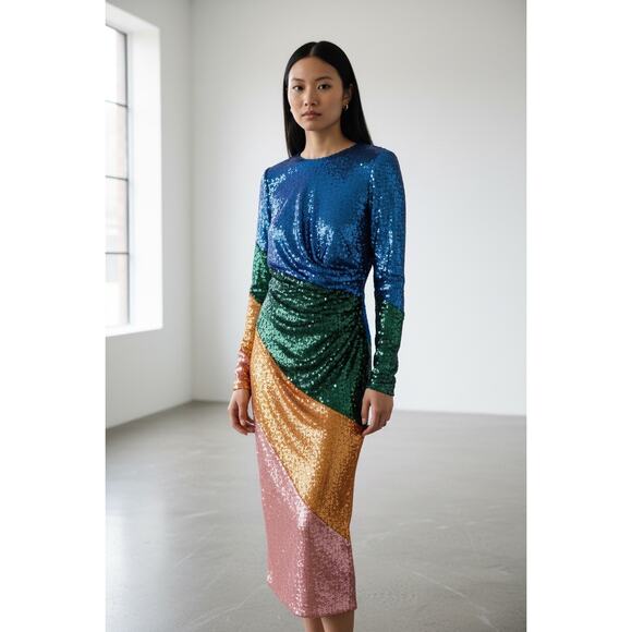 Dress the Population Sequin Color Block Long Sleeve Midi Sheath Dress XS NWOT - Picture 2 of 9